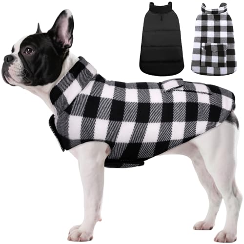 ASENKU Dog Winter Coat, Fleece Doggie Jacket Plaid Reversible Vest Waterproof Windproof Cold Weather Clothes for Small Medium Large Dogs (S, White) - color: White, size: Small