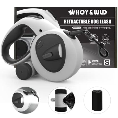 HCY&WLD Upgrade 4-in-1 Retractable Dog Leash with LED Light & Dispenser & Poop Bags, 16 ft Heavy Duty Dog Leash with Anti-Slip Handle for Dogs up to 44 lbs, 360° Tangle-Free, One Button Brake & Lock - size: Small