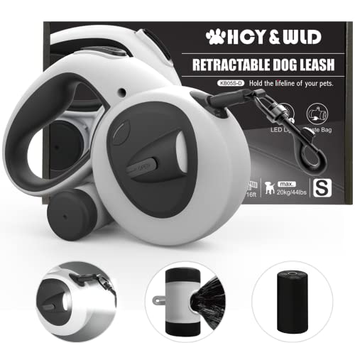 HCY&WLD Upgrade 4-in-1 Retractable Dog Leash with LED Light & Dispenser & Poop Bags, 16 ft Heavy Duty Dog Leash with Anti-Slip Handle for Dogs up to 44 lbs, 360° Tangle-Free, One Button Brake & Lock - size: Small
