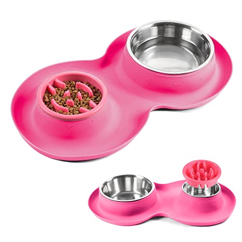 100% Waterproof BPA Free Pet Dog Bowls2 Stainless Steel（53oz+27oz） with 1.35“ Raised Edge Silicone Mat + Slow Feed Dog Water and Food Bowls for Feeding Large Dogs Cats Puppies (Pink) - color: Pink