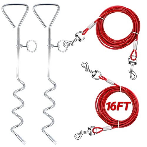Amylove 2 Pcs Dog Tie Out Cable and Stake, 16 ft Outside Leash Cable Chain for Medium to Large Dog up to 125 Lbs, 18'' Heavy Duty Reflective Spiral Stake for Yard Camping Running Play(Red) - color: Red