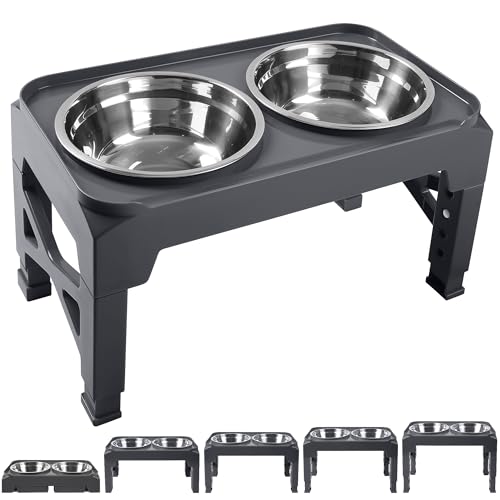 Hubulk Elevated Dog Bowls with 2 Stainless Steel Food & Water Raised Bowls with No Spill Edge Non-Slip Stand Adjusts to 5 Heights(3.2", 8.77", 9.9",11.1", 12.3")for Small Medium Large Dog and Pet Grey - color: Grey, size: M (8" for M/L Dogs)