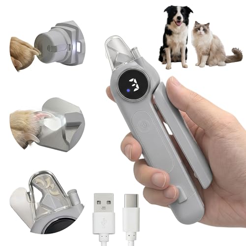 2-in-1 Cat Nail Clippers & Dog Nail Clippers with Light, Rechargeable Pet Nail Trimmer for Dogs & Cats, Quiet Electric Nail File with Safety Guard, Nail Catcher & 3 Speeds for Small Medium Large Pets - color: gray