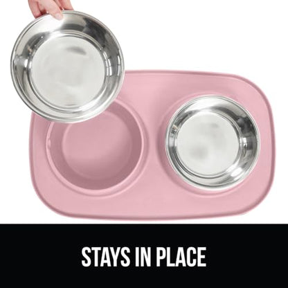 GORILLA GRIP Dog Bowl Set with Slip Resistant Silicone Feeding Mat, Food Grade 304 Stainless Steel Bowls, BPA Free, High Edge Spill Containment, Dishwasher Safe, Finger Notch Removal, 2 Cup, Pink - color: Light Pink, size: 2 Cup Bowls