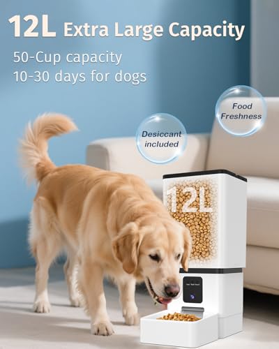 Automatic Dog Feeder Large Breed with Camera - 12L/50 Cups Anti-Clog Dog Food Dispenser for Kibble up to 20mm/0.78 in - WiFi App Scheduling & HD 1080P Camera for Remote Mealtime Check-Ins by Yakry - size: 12L