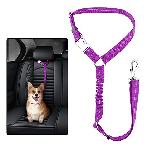 Plutus Pet Dog Seat Belt for Car Headrest, Reflective and Adjustable Restraint with Elastic Bungee for Safety, Vehicle Seatbelt Harness for Small Medium Large Dogs and Cats - color: Purple