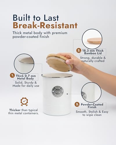 Dog Treat Container Airtight with Bamboo Lid - Premium White Metal Jar for Countertop Storage, 6.4 Cup Capacity, Easy to Open - Decorative Dog Cookie Jar for Kitchen Counter