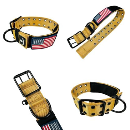 Tactical Dog Collar 2 Inch Wide Heavy Duty with Metal 2-Pin Belt Buckle for Medium, Large & XL Dogs, Thick Military-Style K9 Collar, Reflective, with Name Plate Area, USA Flag Patch, Strong & Durable - color: DESERT TAN, size: 20-28 inches