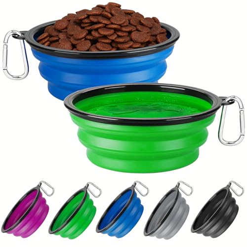 Collapsible Dog Bowl Large 2 Pack, Dog Water Bowls for Travels, Portable Foldable Pet Bowls Feeding Watering Dish for Parking Walking Camping with 2 Carabiners Clip (34oz, Large, Blue+Green - color: Blue+Green, size: Large