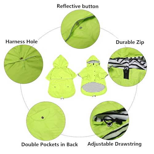 Morezi Dog Zip Up Raincoat with Reflective Buttons, Rain/Water Resistant, Adjustable Drawstring, Removable Hood, Raincoats with Legs 8lbs to 80lbs Available Light Green XS - color: Light Green, size: X-Small