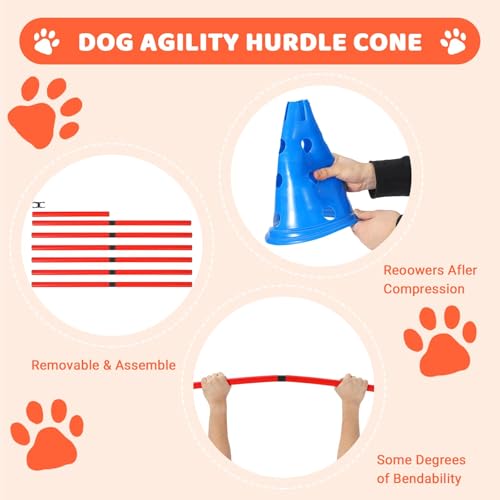 Dog Agile Hurdle Cone Set, Puppy Agility Training Course Equipment with 12 Cones & 6 Agile Rods Combo, 4-Height Adjustable Backyard Obstacle with Storage Bag, 11.5 Inch