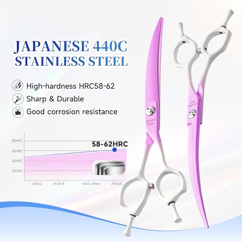 7'' Curved Dog Grooming Scissors Violet to White Gradient | 440C Stainless Steel, Sharp Durable, Professional or Home Use, Ergonomic Handle with 2 Silicone Finger Rings - color: Violet