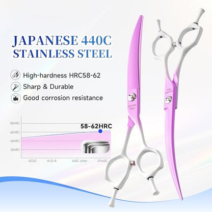 7'' Curved Dog Grooming Scissors Violet to White Gradient | 440C Stainless Steel, Sharp Durable, Professional or Home Use, Ergonomic Handle with 2 Silicone Finger Rings - color: Violet