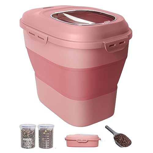 30-35 Lbs Dog Food Storage Container Collapsible Dog Food Container with Airtight Lids, Wheels, Scoop and 2pcs Food Storage Containers, Large Pet food storage for Dog, Cat (Pink) - color: Pink