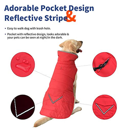 Petglad Dog Coat, Waterproof Dog Winter Jacket with Pocket, Reflective Adjustable Pet Snow Vest, Warm Cozy Fleece Sweater for Small Medium Extra Large Dogs - Red, S - color: Red, size: S(Chest Girth:12.6-16.1")