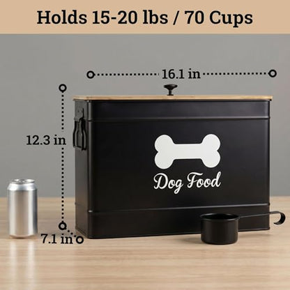 Dog Food Container Airtight 15-20 lb (70 Cup) Capacity with Metal Scoop - Cute Airtight Dog Food Storage Container with Bamboo Lid - Black Metal Kibble Storage Bin for Dogs up to 100 lbs - Big Pet Jar - color: Black