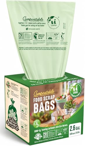 UNNI Compostable Trash Bags, 2.6 Gallon / 9.84 Liter, 100 Count, Extra Thick 0.71 Mil Small Kitchen Food Scrap Bin Liners, Certified by BPI, CMA & OK compost HOME, Meets the ASTM D6400 Standard - size: 100 Count (Pack of 1), style: 2.6 Gallon