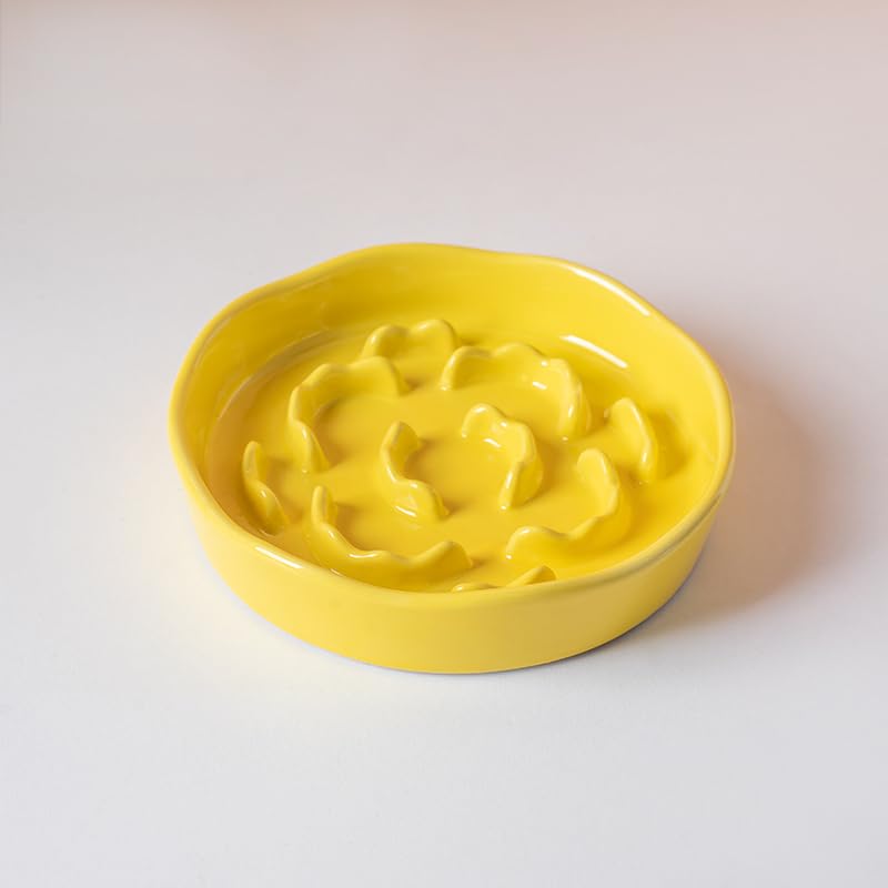 Elevated Ceramic Slow Feeder Dog Bowl | Raised Maze Puzzle Feeder Small Medium Dogs | Anti-Vomit Reduces Bloating | Non-Slip Enrichment Puppy Bowl - color: Yellow