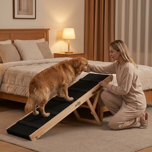 Wooden Dog Ramp for Bed – Folding Pet Ramp for Couch | Collapsible Wooden Pet Ramp, 4 Adjustable Heights, Non-Slip High Traction Fabric Surface, Portable Solid Pine Wood Steps - size: Large