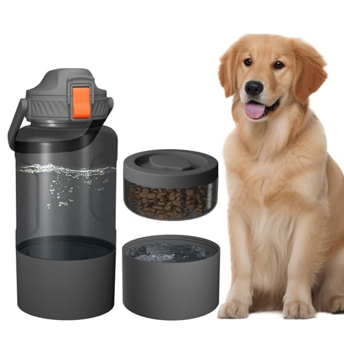 Cibaabo 53oz Large Dog Water Bottle with Water & Food Bowl, 3-in-1 Portable Pet Feeding & Hydration Dispenser for Large Dogs & Humans, Leak-Proof Tritan Bottle for Hiking, Camping, Walking, Car Trips - color: Gray