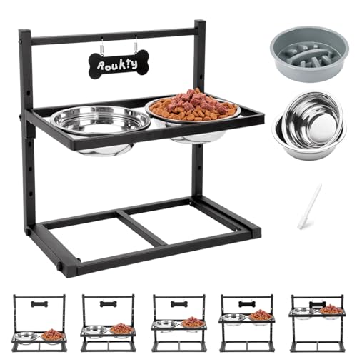 ADENGL Elevated Dog Bowls with Slow Feeder Dog Bowls, 5 Height Adjustable Raised Bowl Stand with 2 Stainless Steel Food & Water Container, Pet Bowl Elevated for Medium Large Pet - color: Grey, Slow Feeder, size: Large Dogs