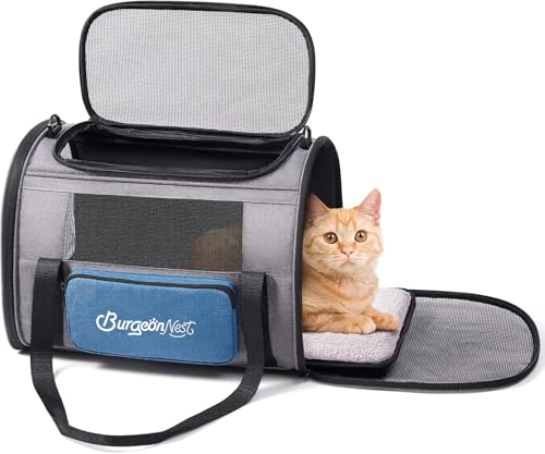 BurgeonNest Cat Carrier, Airline Approved Dog Carrier, Soft Sided Cat Pet Carrier for Small Medium Cats Dogs Under 10 lbs with Side Bag, Collapsible Travel Kitten Puppy Carriers, Blue - color: Blue, size: 17.5"L x 11.0"W x 11.0"H