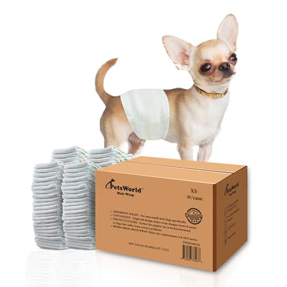 PetsWorld Dog Diapers Male X-Small - 50 Count Disposable - Super Absorbent, Fur-Friendly Belly Bands with Wetness Indicator - Adjustable Dog Wraps for Incontinence & Training (Waist 8.5-10.5 in) - size: X-Small