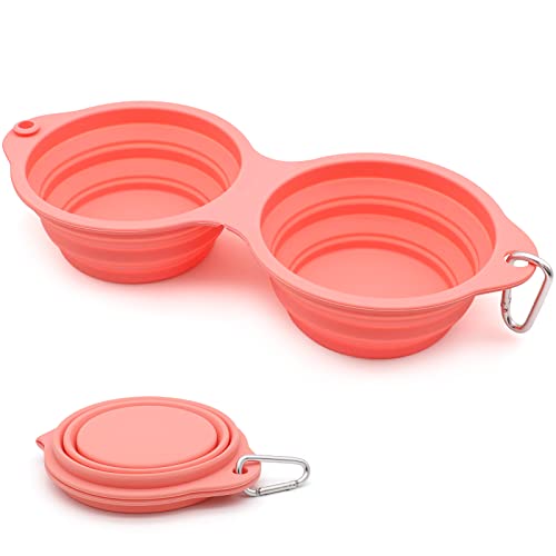 SLSON Collapsible Dog Bowls,Integrated Molding Dog Double Bowl No Plastic Rim 2 in 1 Foldable Pet Food & Water Bowl Cat Feeder Dish for Walking,Hiking,Camping (Coral Pink) - color: Coral Pink