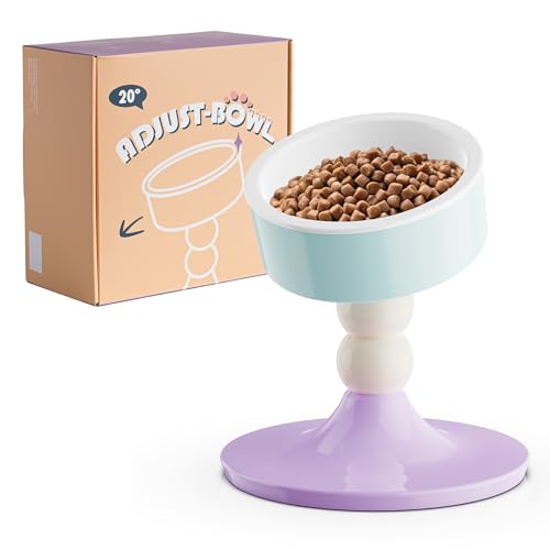 Ceramic Elevated Raised Cat Bowls,3 Heights Adjustable Raised Dog Bowl Stand for Indoor Cats and Small Dogs,15° Tilted Cat Food Feeding Dishes，Adjusts to 4.69", 5.98", 7.28" (Pink & White) - color: Lavender & Mint