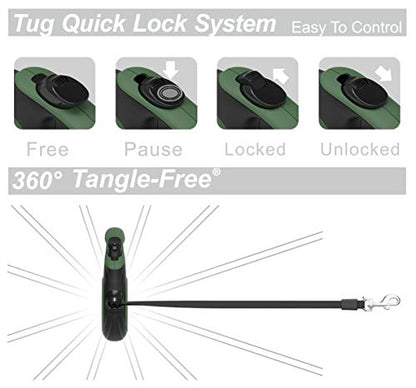 TUG 360° Tangle-Free Retractable Dog Leash with Anti-Slip Handle | 16 ft Strong Nylon Tape | One-Handed Brake, Pause, Lock (Large, Green) - color: Green, size: Large