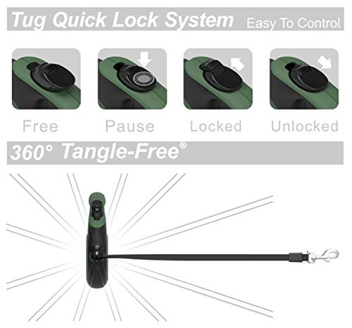 TUG 360° Tangle-Free Retractable Dog Leash with Anti-Slip Handle | 16 ft Strong Nylon Tape | One-Handed Brake, Pause, Lock (Medium, Green) - color: Green, size: Medium