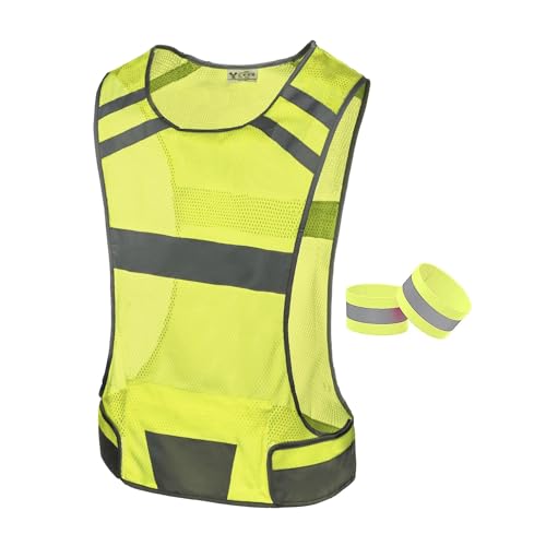 Mesh Reflective Running Vest with Inside Pocket & 2 Bands, High Visibility - color: Yellow, size: Large