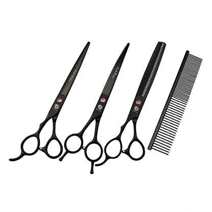 Purple Dragon 7.0" Left Handed Dog Grooming Hair Cutting Scissor &Curved &Thinning Shear with Bag - for Mancinism Pet Groomer or Family DIY (Black)