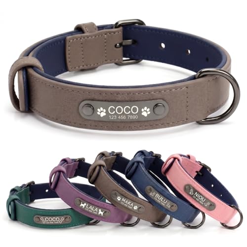 Personalized Anti-Lost Leather Dog Collar with Engraved Nameplate | Heavy duty metal buckle and clear laser marked ID. Features a smooth leather lining to protect fur during daily walks. - size: S: Adjustable Neck 9.84-12.20", Width 0.59"