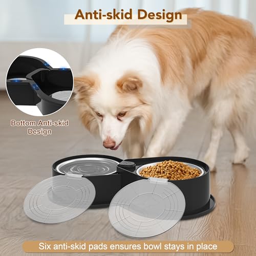 Newget Stainless Steel Dog Bowl Set with Lids, 304 Metal Dual Food & Water Bowls for Dogs & Cats, Foldable Pet Feeder with Cover Keeps Food Fresh, Anti-Skid Dog Dish for Small/Medium/Large Pets - color: Black