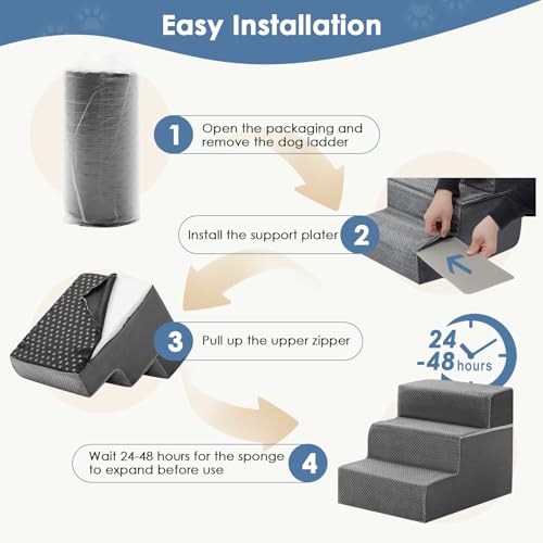 DUMOS Dog Stairs for Small Dogs, 3-Steps Non-Slip Balanced Indoor Foldable Dog Steps with Density Foam & Washable Cover, Cat Puppy Old Pet Stairs for High Bed, Couch, Sofa - Grey, 18" H