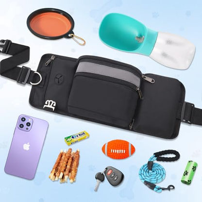 Dog Treat Pouch for Leash Waist Belt Bag, Premium Dog Treat Bag for Dogs Training Puppy Walking Fanny Pack with Divider Zipper Carrier Pocket, Water Bottle Holder, Silicone Insert,Clip,Black