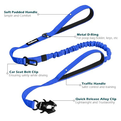 PetBonus Heavy Duty Tactical Dog Leash, 5 FT Bungee Shock Absorption Leash with 2 Padded Handles, Quick Release Metal Clip, Car Seatbelt, No Pull Training Lead for Large Medium Dogs（Blue） - color: Blue