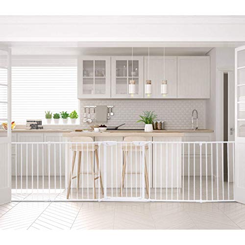 Costzon Baby Safety Gate, 181-Inch Extra Wide Fireplace Fence with Walk-Through Door in Two Directions, Add/Decrease Panels Directly, Wall-Mount Metal Gate for Pet & Child - color: White, size: 8-Panel