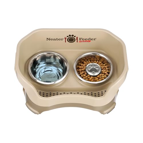 Neater Feeder Deluxe Mess Proof Dog Bowls Elevated for Medium Sized Breeds – Made in USA – No Spill Raised Slow Feeder Elevated Dog Bowl Stand, Stainless Steel Food and Water Bowl Set, Cappuccino - color: Cappuccino, size: Medium with Slow Feed Bowl