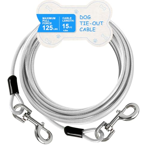 Tie Out Cable, 15/25/40/50 FT Runner Cable with Swivel Hook,Dog Leash Run Tether for Yard Outdoor and Camping,for Small to Medium Pets Up to 250 LBS（Silver） - color: New-Silver, size: 15Ft-125LBS