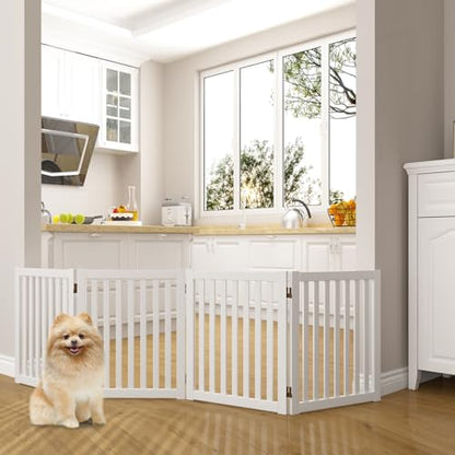 WELLAND Wooden Freestanding Pet Gate, 4 Panel 24 Inch Step Over Fence, Expands Up to 80" Wide, Foldable Indoor Dog Gate Puppy Safety Fence, White - color: White, size: 4 Panel 80" Wide