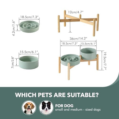 Havniva 7.3” Raised Slow Feeder Dog Bowls Set, 1.2 Cups Ceramic Slow Feeder Dog Bowl and 6.1” Dog Water Bowl with Elevated Wooden Stand Puzzle Dog Food Bowl for Small Dogs Anti-Gulping & Anti-Choking - color: 2 x Light Green+Stand-A, size: 7.3inch