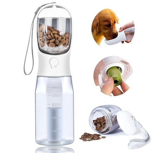 Dog Water Bottle with Food Container, Portable Pet Dog Water Dispenser for Outdoor Walking,Hiking,Travel,Puppy Essentials,Puppy Supplies,Replaceable Waste Bags - color: White, size: 20oz