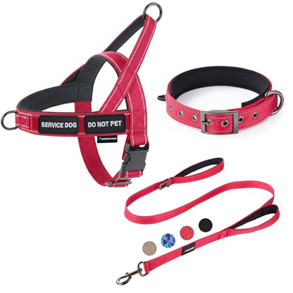 Annchwool No Pull Dog Harness,Heavy Duty Reflective Collar & Leash Set-Leash with Double Handle & Car Seatbelt Clip-Easy Control for Walking Training Medium Large Size Dogs(Red,L) - color: Red, size: L