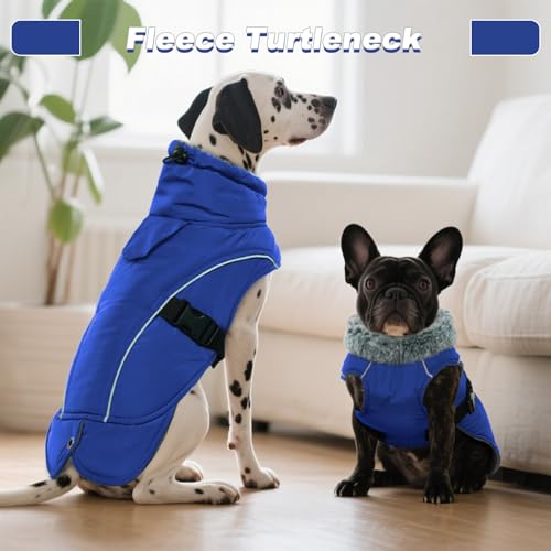 DENTRUN Warm Dog Winter Coat, Easy On Reflective Turtleneck Fleece Jacket | Adjustable buckle, easy on off, windproof & water-repellent, thick fleece snowsuit, outfit fits small to large breeds - color: Blue, size: Large