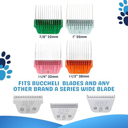 22mm 25mm 32mm 38mm Wide Clipper Guard Attachment Set for A5 Series Clippers| Stainless Steel Blade for Professional Dog Groomers| Snap-On/Off Design Wide Guard Combs for Dog Grooming - color: 4Pcs Set(22mm, 25mm, 32mm, 38mm)