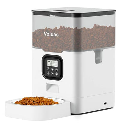 VOLUAS Automatic Cat Feeders - Dry Food Dispenser with Timer, Desiccant Bag, Programmable Portion Size Control 4 Meals Per Day, 10s Voice Recorder | Programmable Portion Control, Up to 4 Meals Daily, Dual Power Supply, Power-Off Memory, 10-Second Voice Re