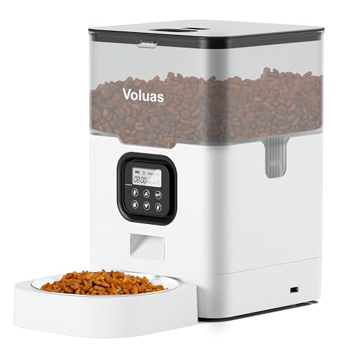 VOLUAS Automatic Cat Feeder, 4L Timed Dry Food Dispenser for Cats & Dogs | Programmable Portion Control, Up to 4 Meals Daily, Dual Power Supply, Power-Off Memory, 10-Second Voice Recorder - color: White Transparent, size: 4 L
