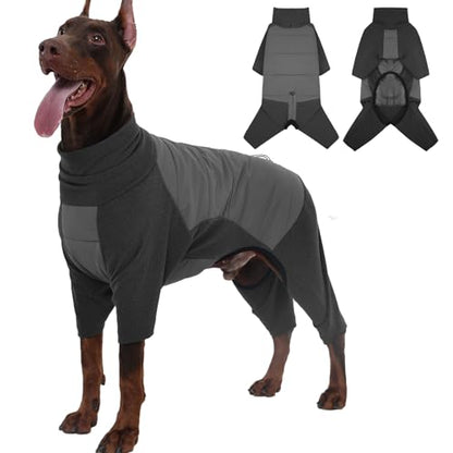 ROZKITCH Warm Waterproof Dog Coat, Winter Clothes for Large Dogs, Pullover Fullbody Clothes Jumpsuit, Fleece Cold Weather Coats Pajamas, Four-Legged Snowsuit with Leash Hole Grey XXL - color: Grey, size: 2XL(Chest: 28-33"; Back:24-25")